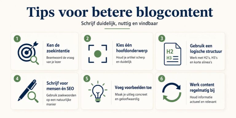 Tips voor betere blogcontent: visueel overzicht van essentiële elementen voor effectief schrijven
